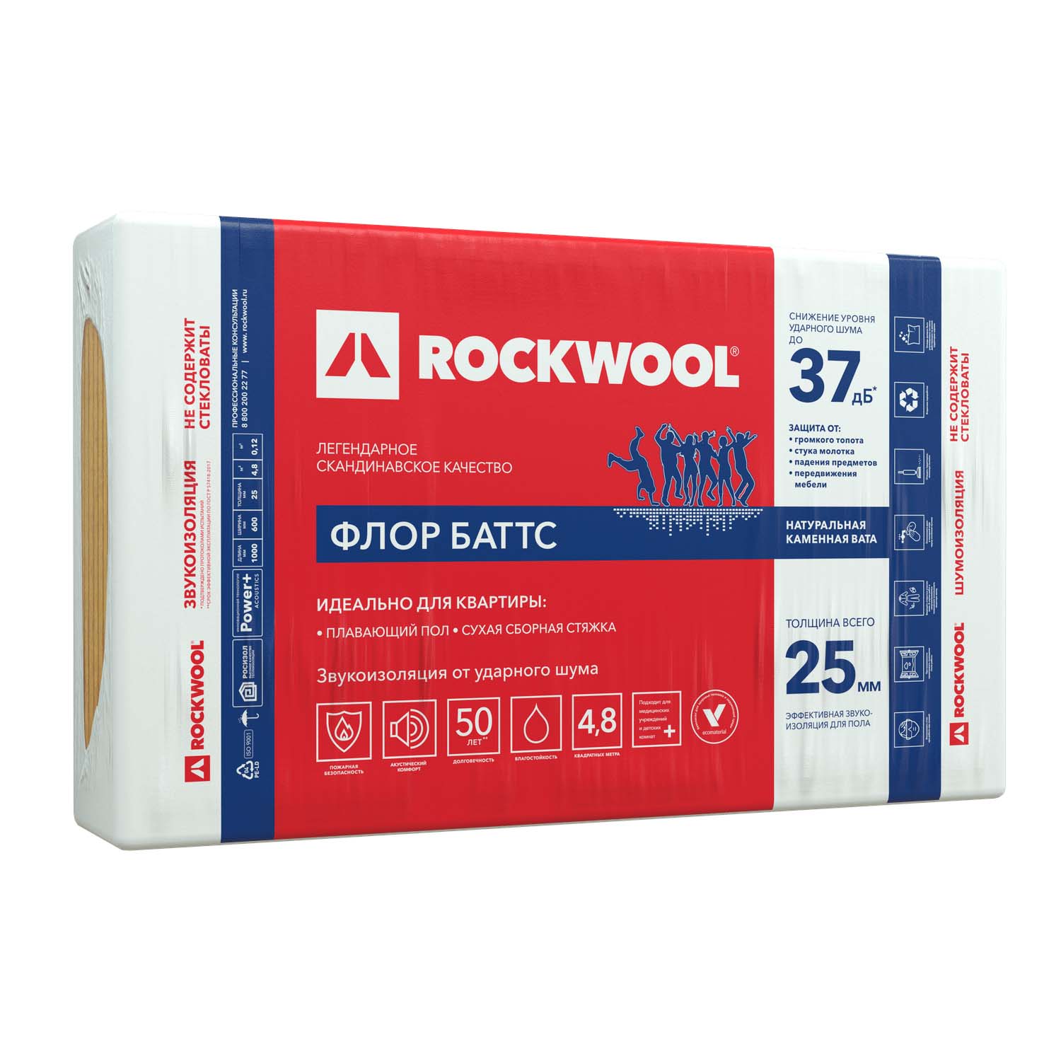 Rockwool Флор Баттс - 115  25x600x1000-8шт/уп (1уп=0,12м3=4,8м2)